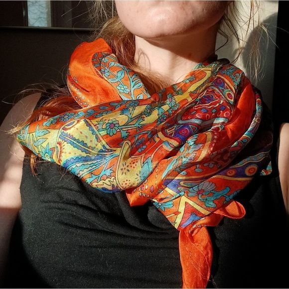 Gossamer silk blend scarf in orange yellow and green motif - Picture 4 of 13